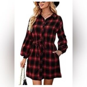 Blooming Jelly Womens Red and Black Flannel Plaid Puff Sleeve Dress - XL